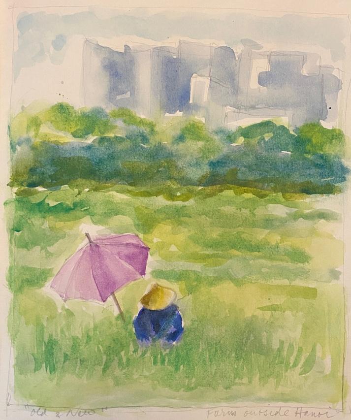 A watercolor of a person sitting in a field with a pink umbrella
Description automatically generated