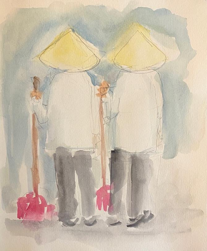 Watercolor of two people with a triangular hat on their heads
Description automatically generated