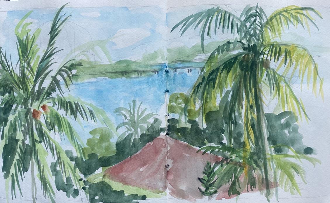 Watercolor of a road leading to a lake
Description automatically generated