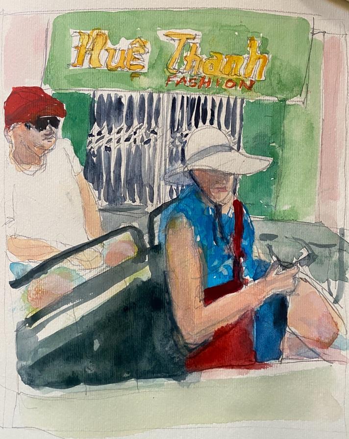 A watercolor of a person sitting on a bench
Description automatically generated