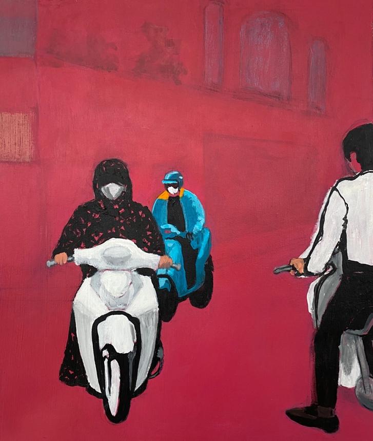 A painting of people riding scooters
Description automatically generated