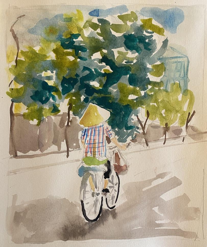 A watercolor painting of a person riding a bicycle
Description automatically generated