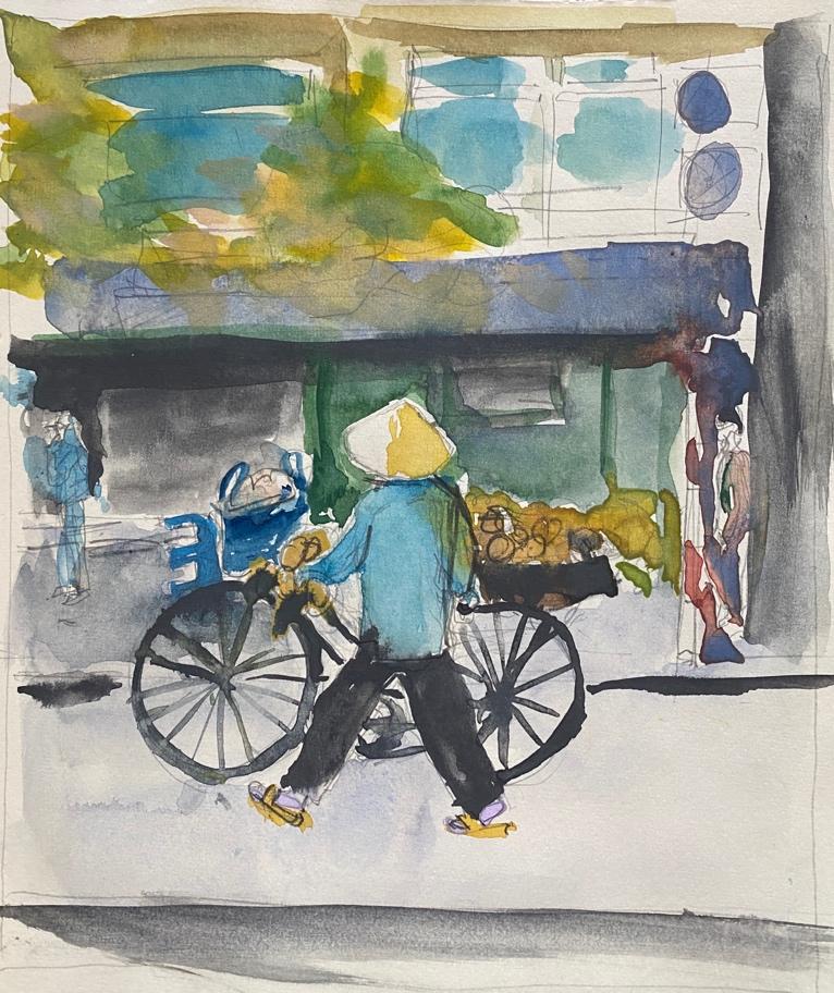 A watercolor painting of a person with a bicycle
Description automatically generated