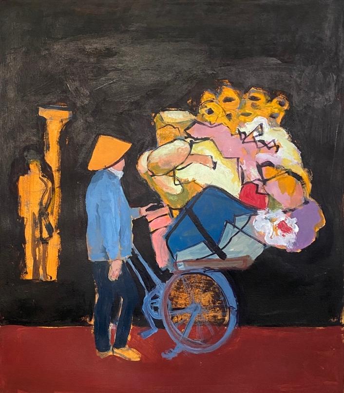 A painting of a person pushing a cart full of flowers
Description automatically generated