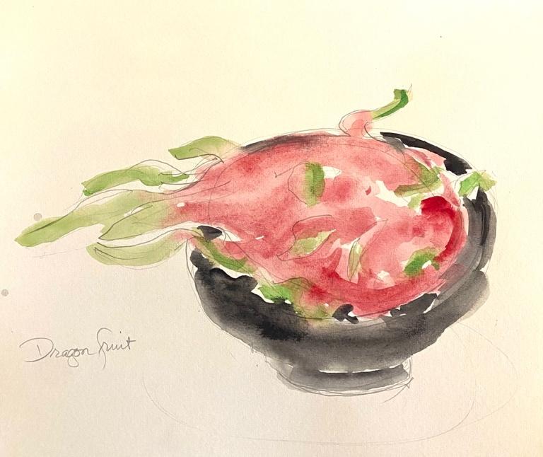 A watercolor painting of a bowl of food
Description automatically generated