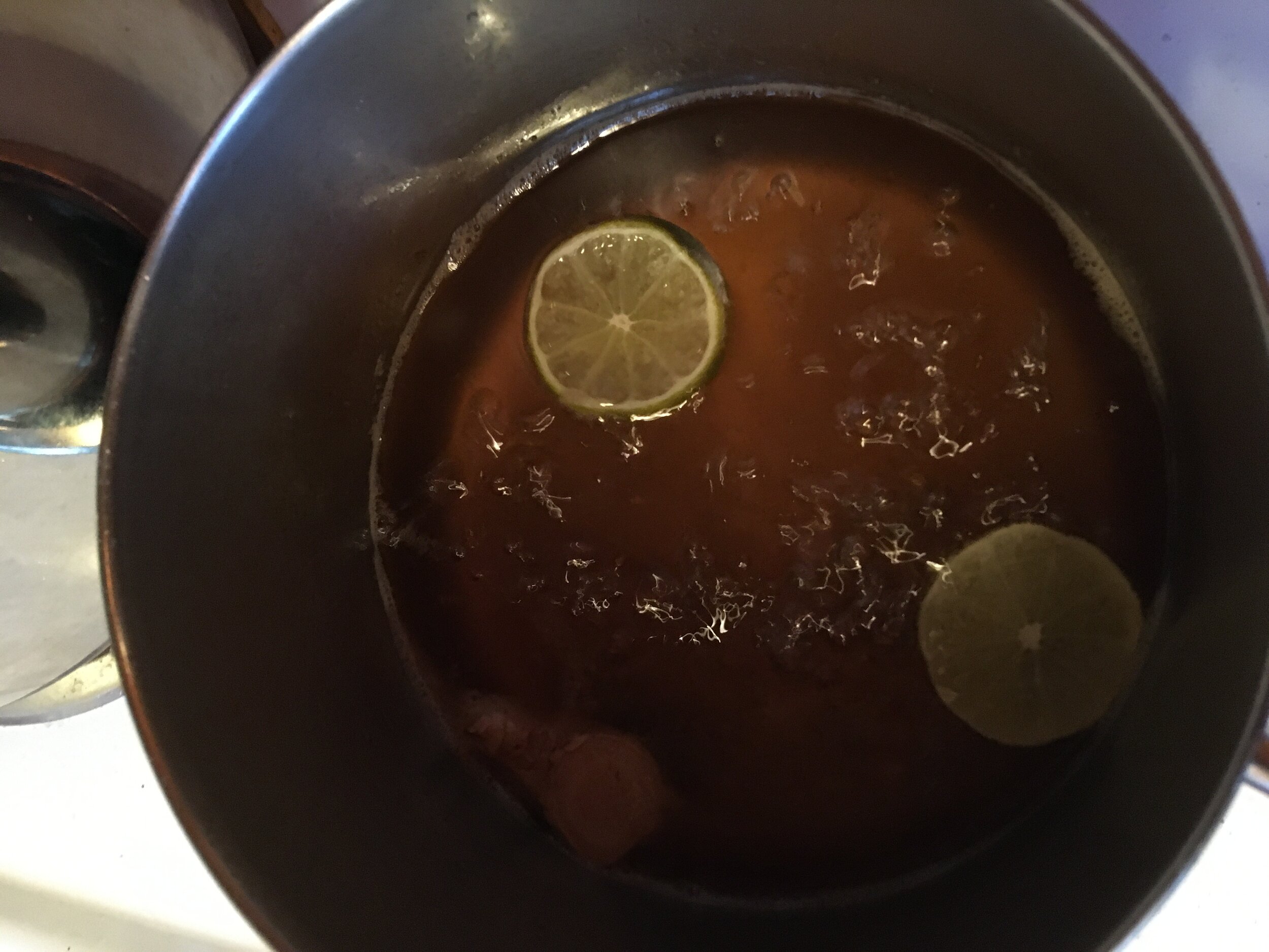 I subbed lime for the lemon and ground cinnamon and allspice for the cinnamon stick and mace.